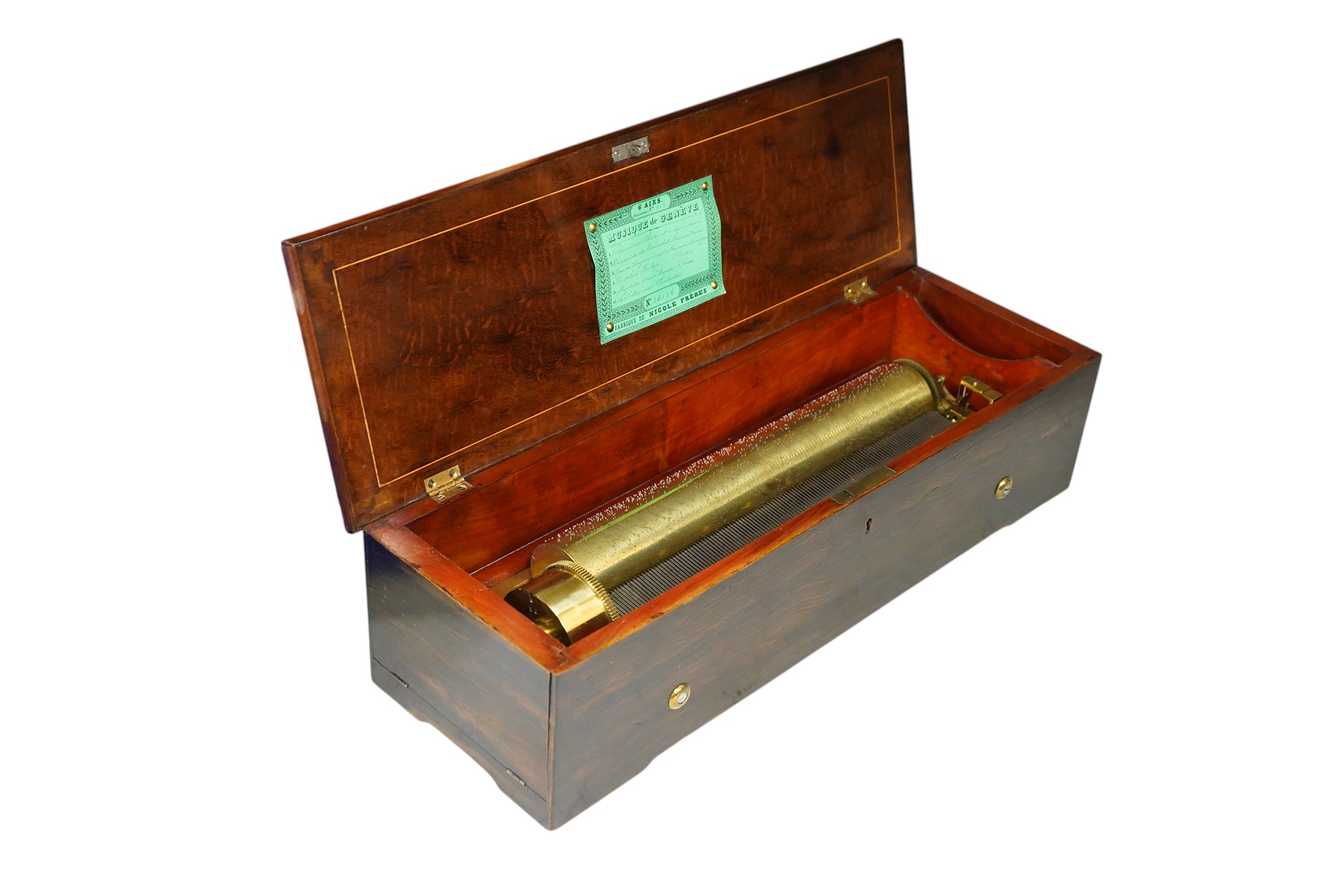 A 19th century Swiss cylinder music box by Nicole Freres, Geneve, key wound movement (with key present) playing six airs, in an inlaid rosewood case, cylinder 33cm long, the case; 52cm long, 13cm high, 17.5cm deep